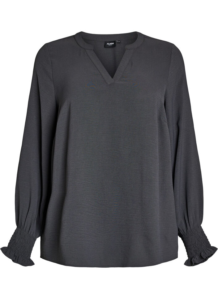 Bluse mit Smockb&uuml;ndchen und V-Ausschnitt, Grau, Packshot image number 0