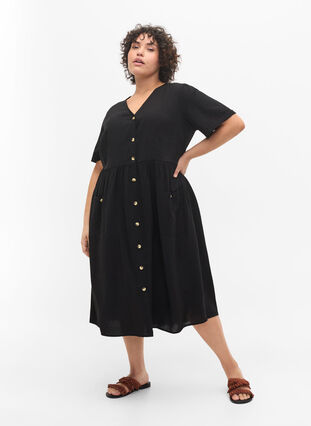 Kurzarm Kleid mit Knöpfen und Taschen, Black, Model image number 2