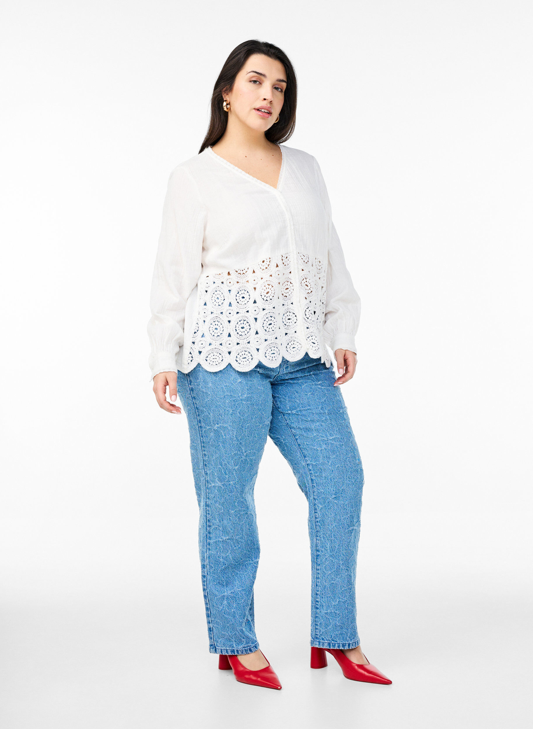 ZizziBaumwoll-Musselinbluse mit H&auml;keldetails, Vanille, Model image number 1