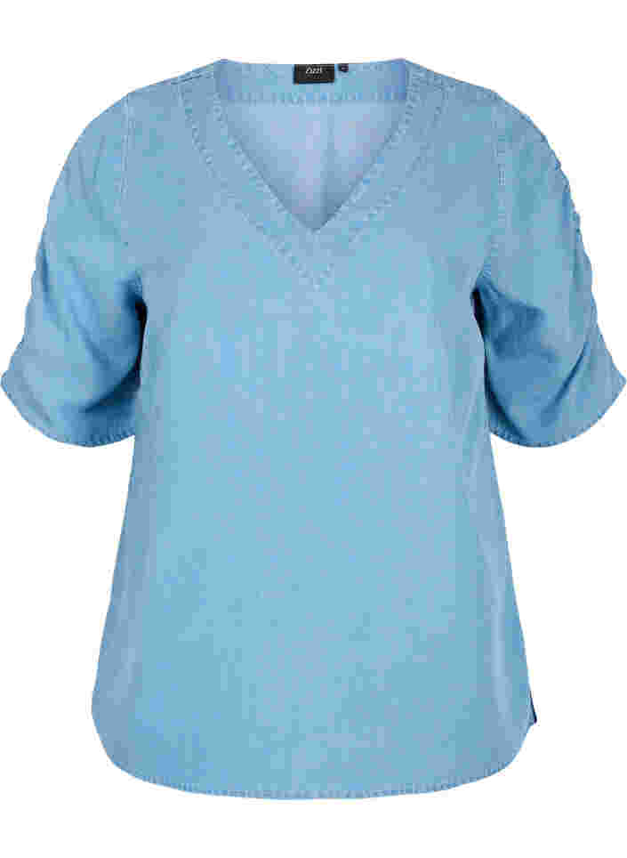Bluse mit gerafften Ärmeln, Light blue denim, Packshot image number 0