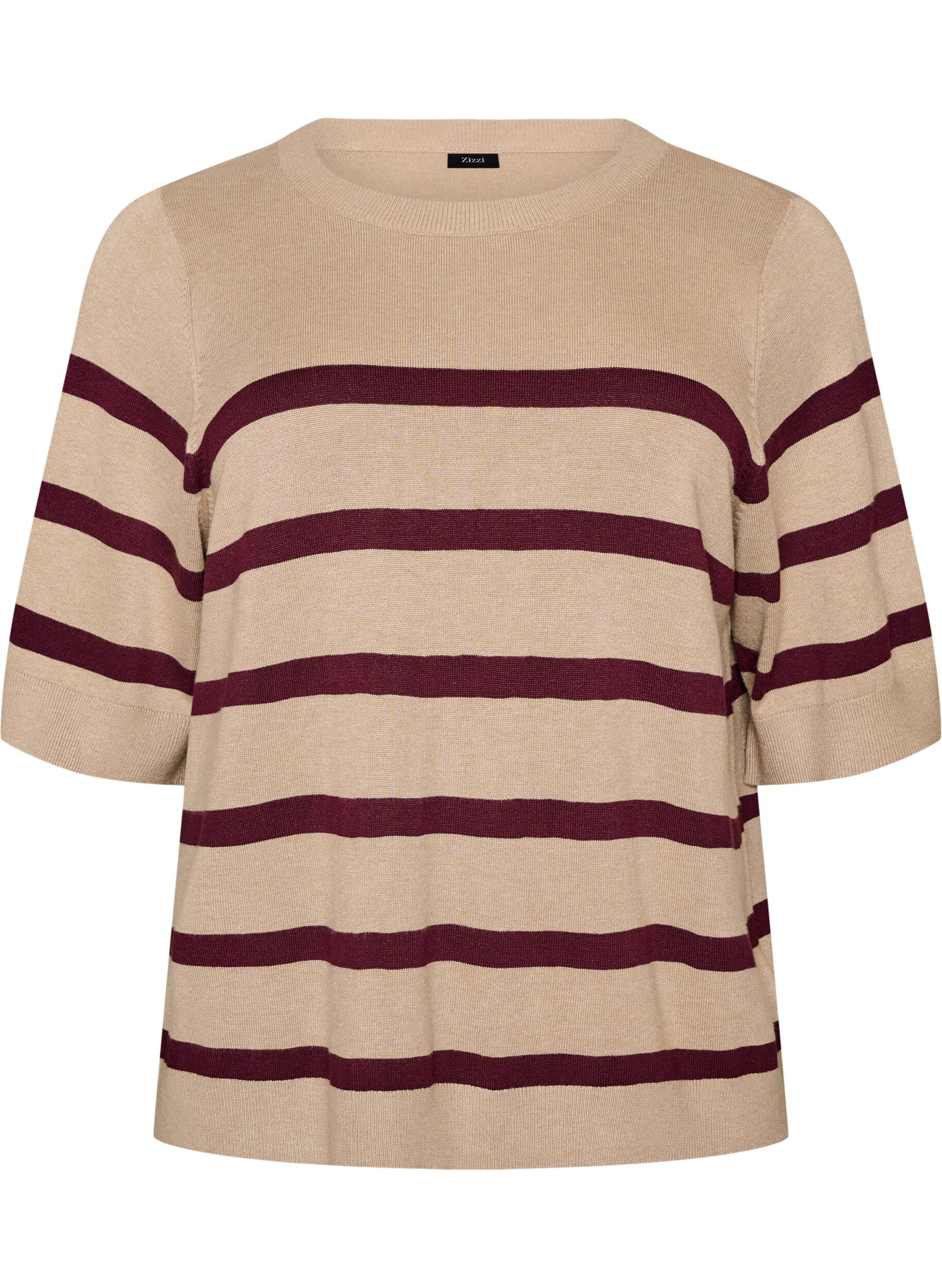 ZizziGestreiftes Stricktop mit kurzen &Auml;rmeln, Beige, Packshot image number 0