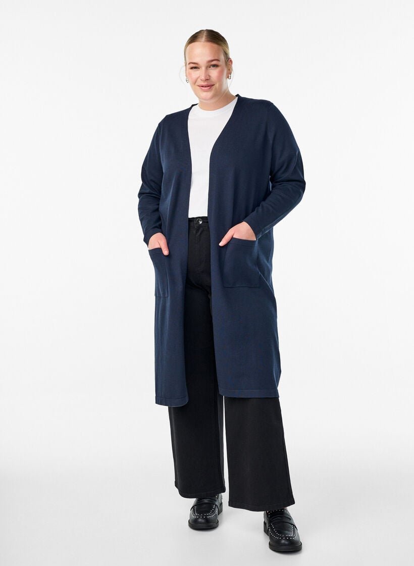 FLASH – Lange, offene Strickjacke mit Taschen, Blau, Model image number 0