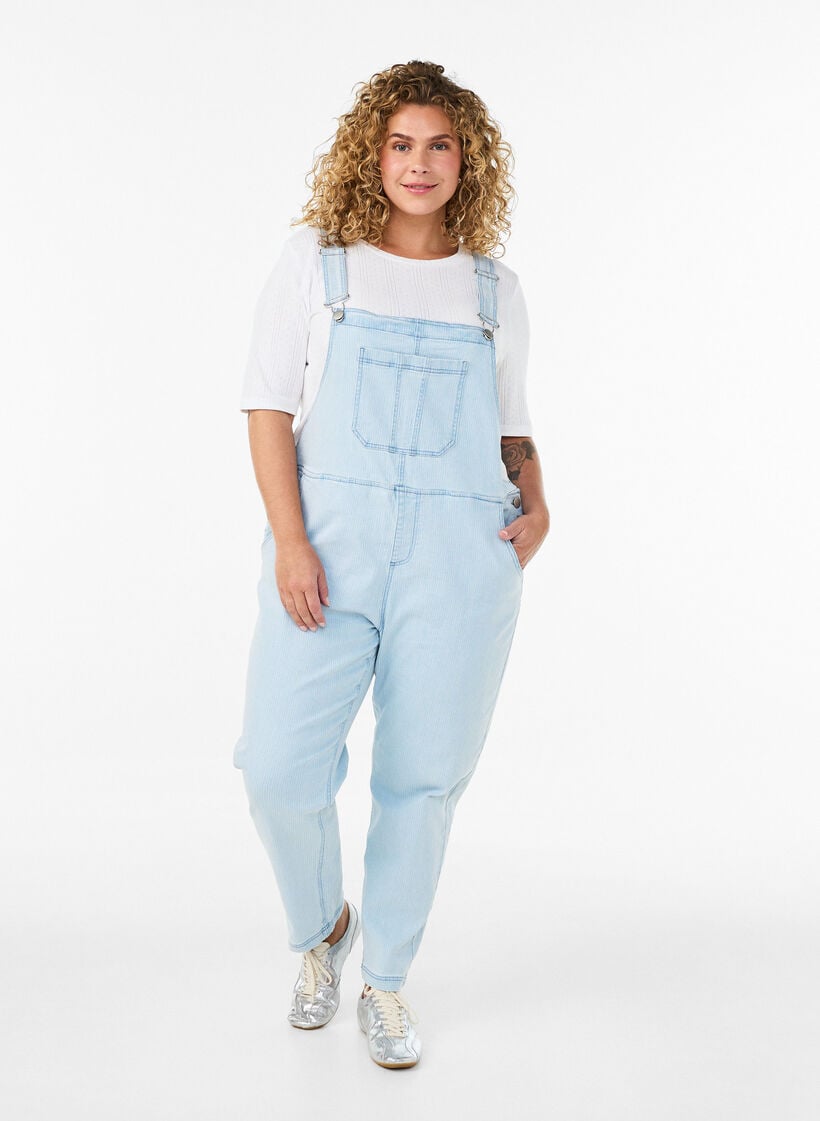 Gestreifte Jeans-Latzhosen, Blau, Model image number 0