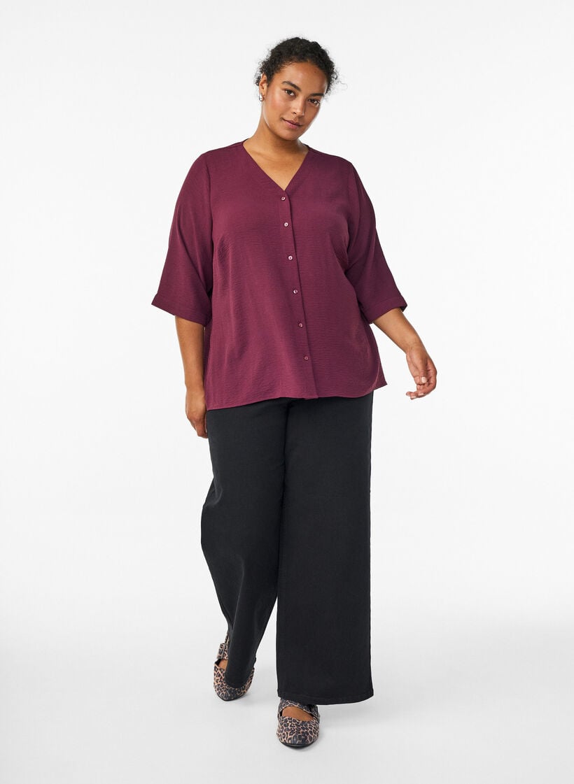 Bluse mit V-Ausschnitt und 3/4-&Auml;rmeln, Rot, Model image number 1