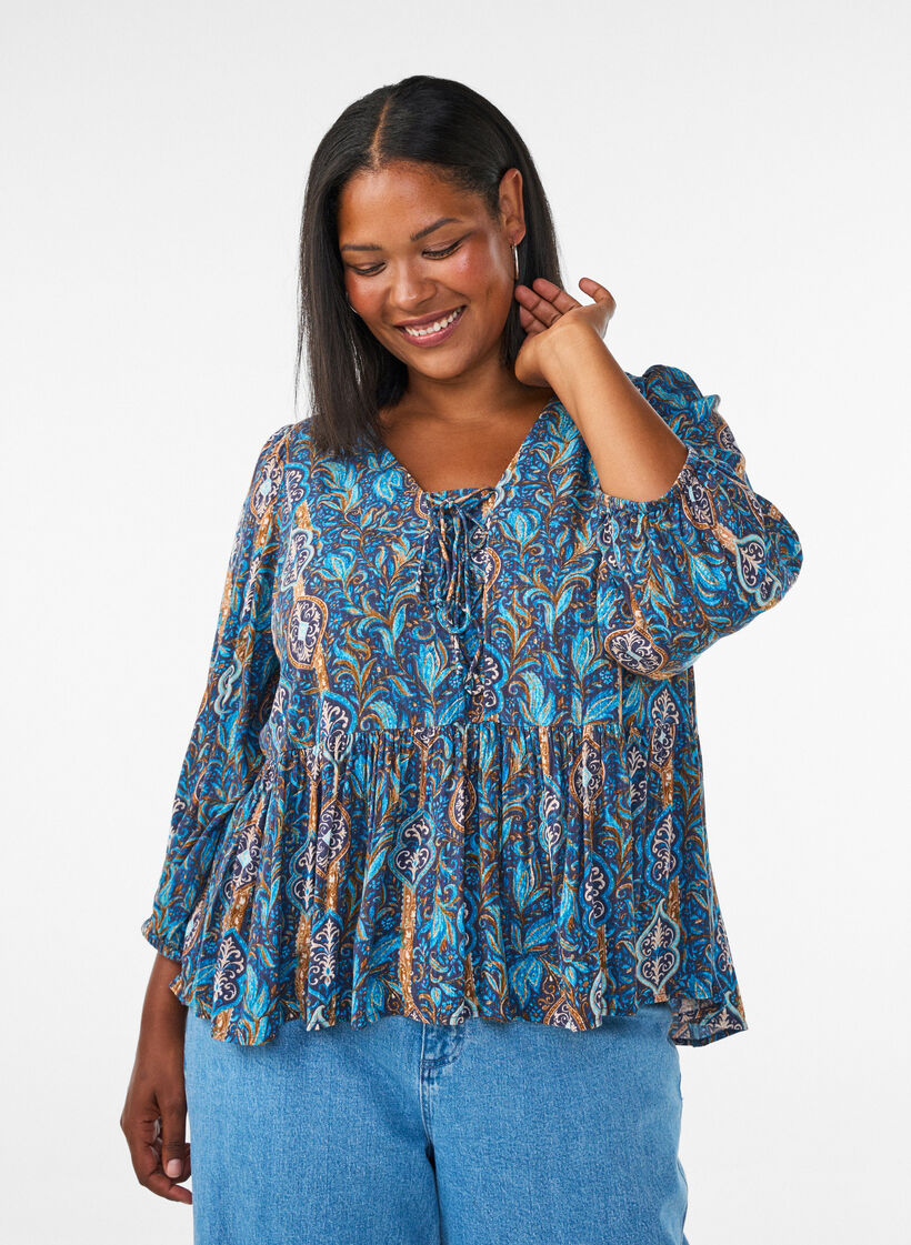 Bluse mit Paisleymuster und Spitzendetails, Blau, Model image number 0