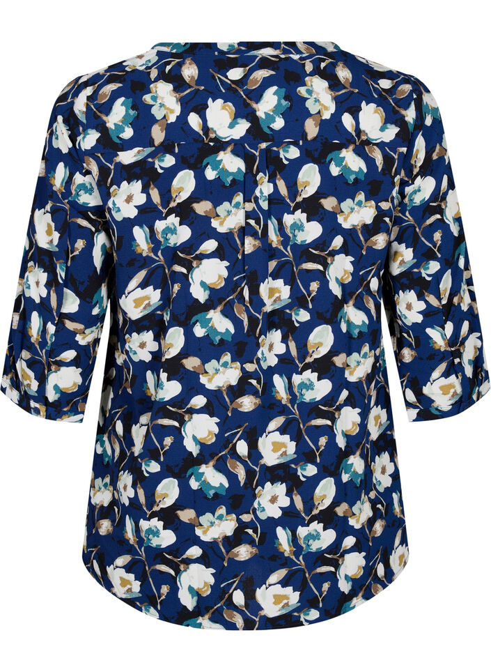 Florale Bluse mit 3/4-Ärmeln, P. Blue Flower AOP, Packshot image number 1