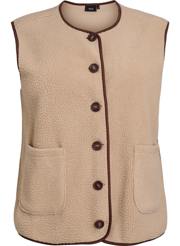 Weste aus Teddyfleece mit kontrastfarbenen Details, Beige, Packshot image number 0