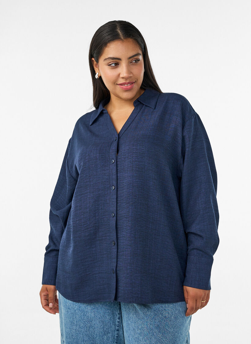 Lockere Bluse mit V-Ausschnitt, Blau, Model image number 0