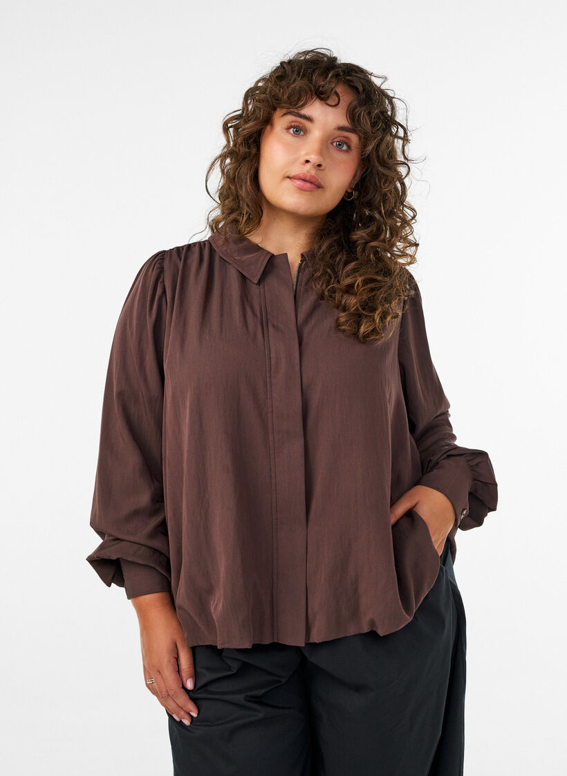 Bluse mit Ballonform und verdecktem Rei&szlig;verschluss, Braun, Model image number 0