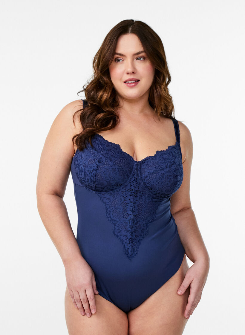 Body mit Bügel und Spitze, Blau, Model image number 0