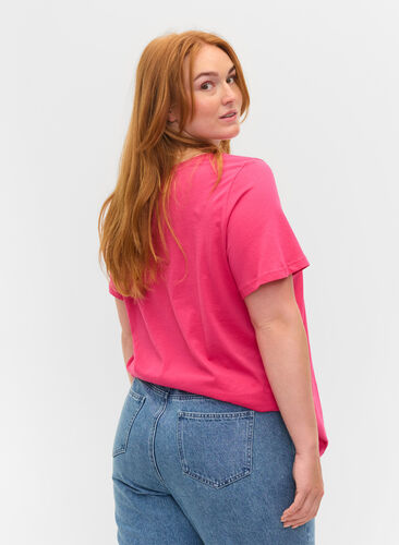 Kurzärmeliges Baumwoll-T-Shirt mit Textdruck, Fandango Pink, Model image number 1