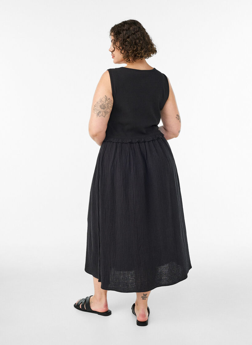 &Auml;rmelloses Midikleid aus Baumwolle mit Ripp und Musselin, Schwarz, Model image number 1