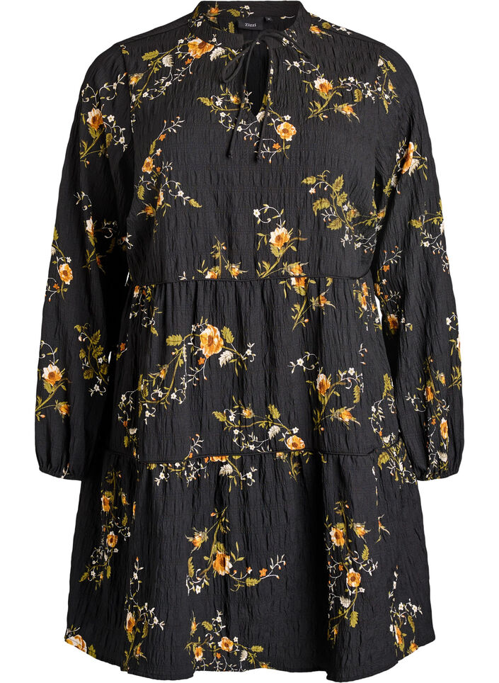 Gebl&uuml;mtes Kleid mit Bindeverschluss, Schwarz, Packshot image number 0