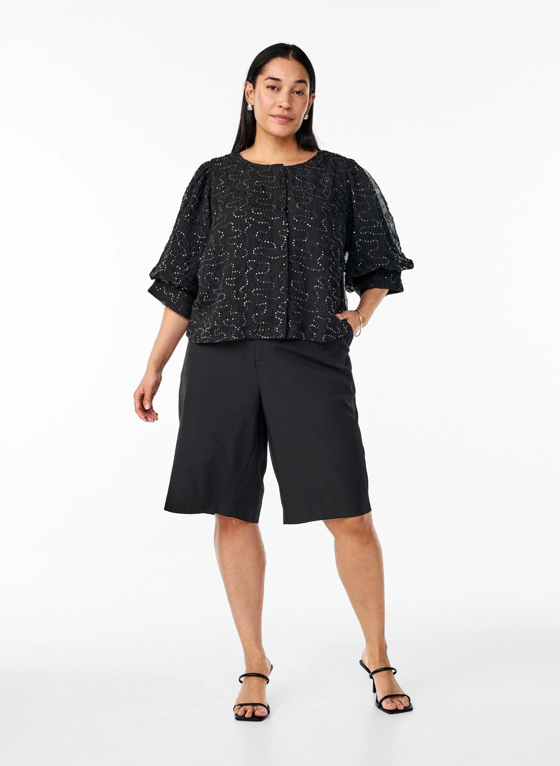 ZizziPartybluse mit Pailletten und halblangen &Auml;rmeln, Schwarz, Model image number 1