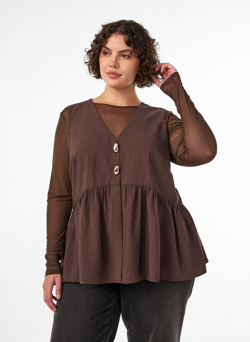 &Auml;rmellose Sch&ouml;&szlig;chenbluse mit dekorativen Kn&ouml;pfen, Braun, Model image number 0