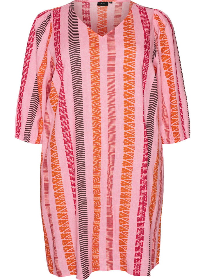 Kurzes Kleid aus Leinen und Viskose mit 3/4-&Auml;rmeln, Pink, Packshot image number 0
