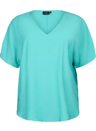 Viskose Bluse mit kurzen Ärmeln und V-Ausschnitt, Turquoise, Packshot image number 0