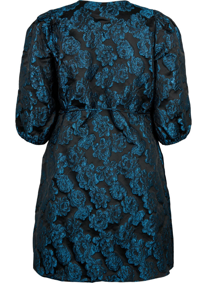 Jacquard-Wickelkleid mit 3/4-Ärmeln, Black Blue, Packshot image number 1