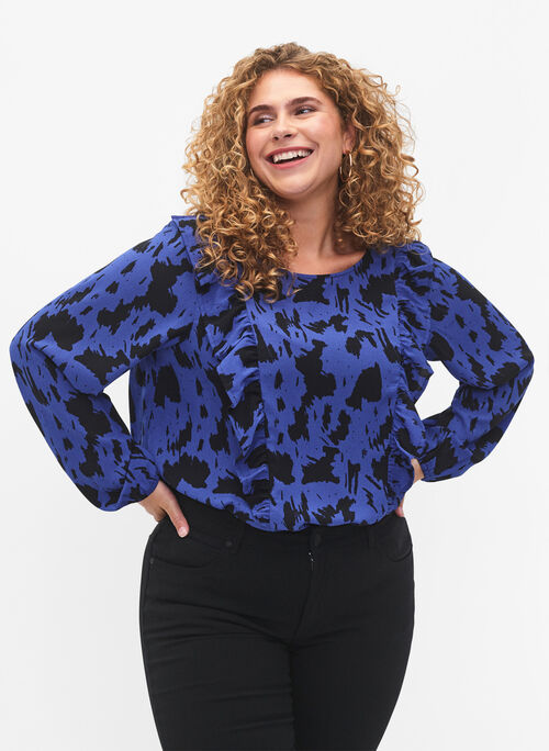 PREISSCHOCK - Langärmelige Bluse mit Rüschen, Black Blue AOP, Model