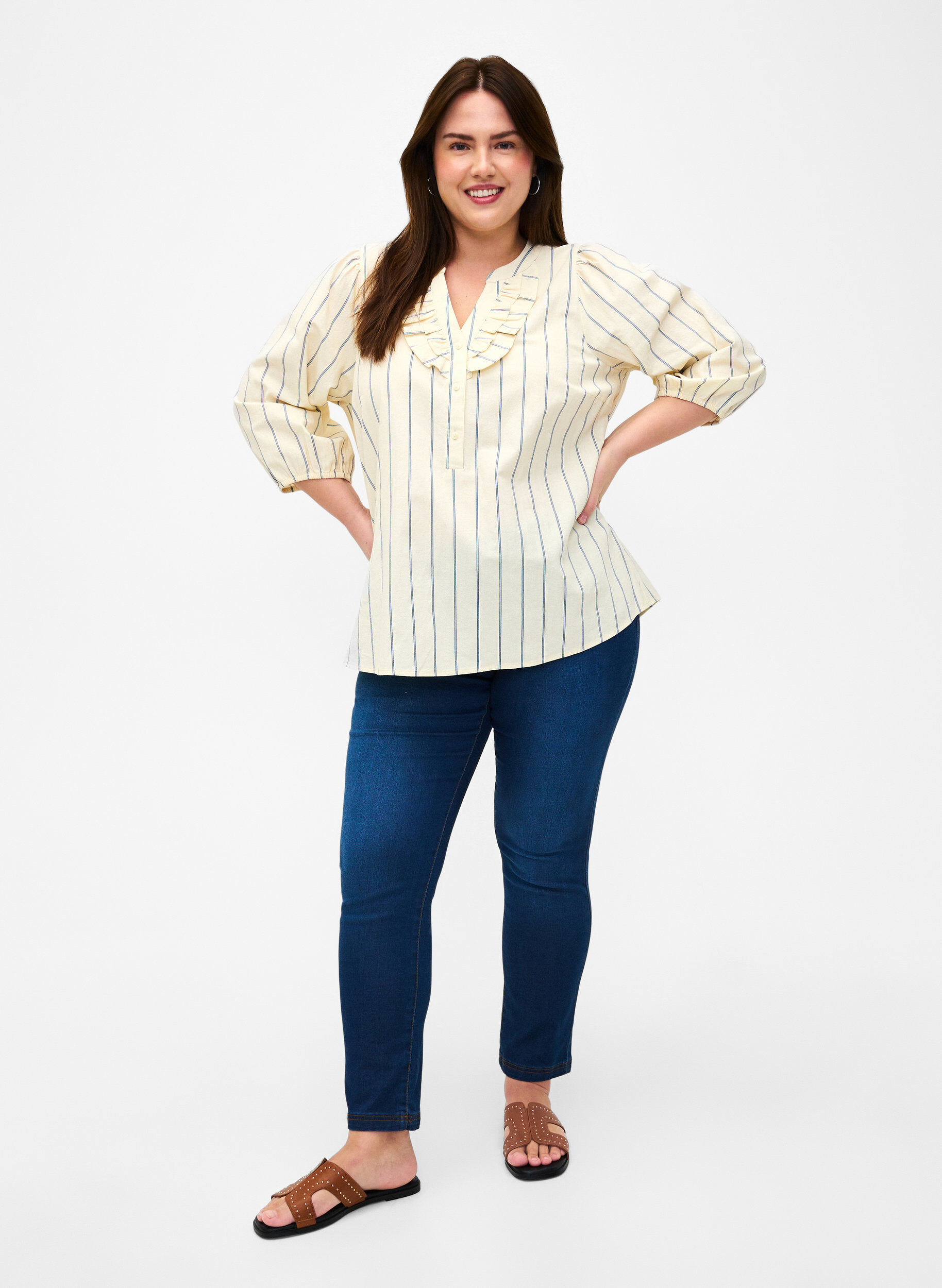 Zizzi Baumwollbluse mit 3/4-&Auml;rmeln und Streifen, Eggnog Stripe, Model image number 2