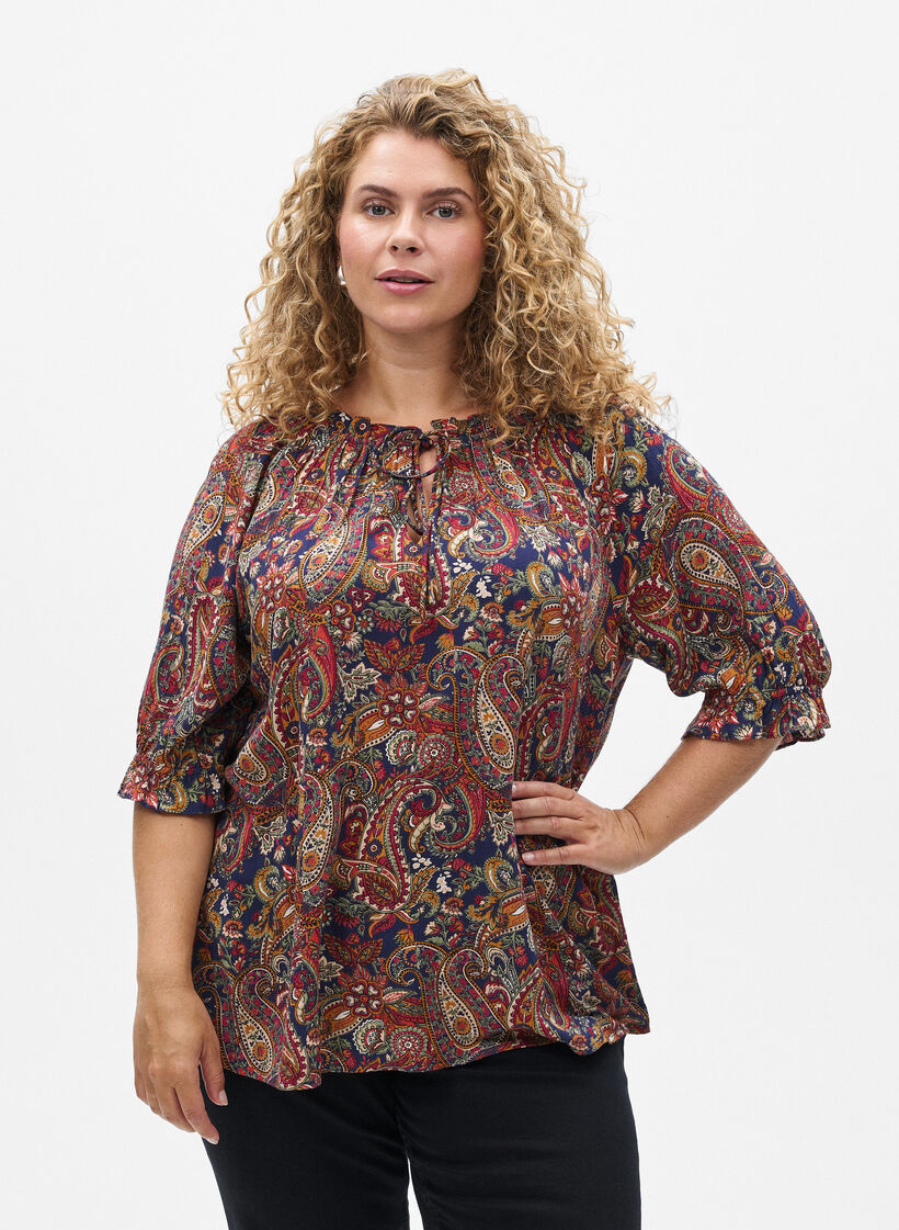 Bluse aus Viskose mit Paisleymuster und Ellbogen&auml;rmeln, Blau, Model image number 0