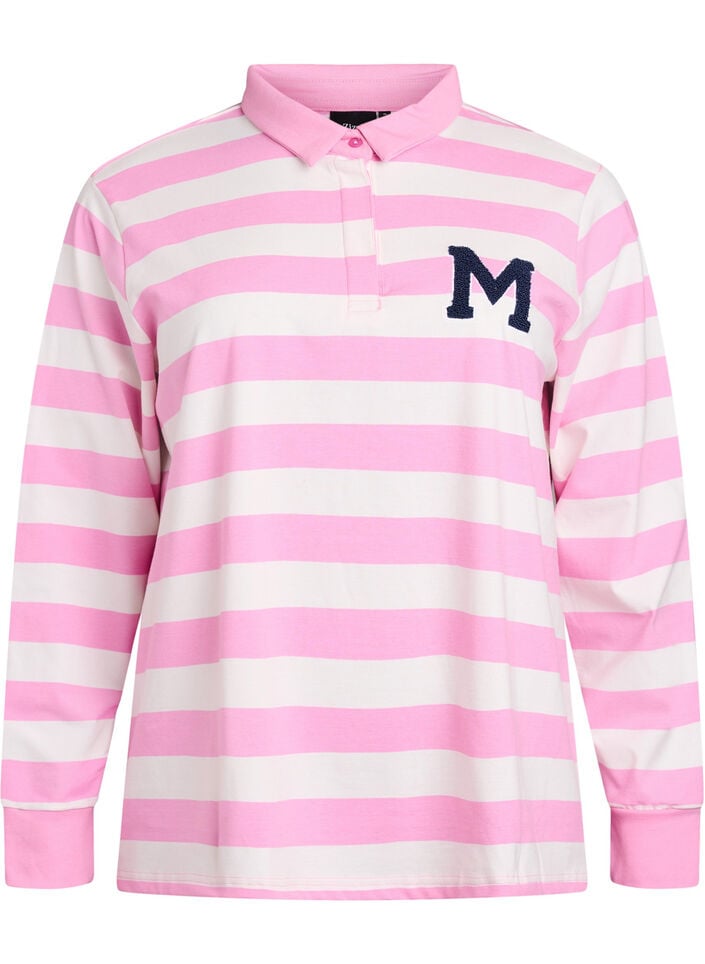 Poloshirt mit Streifen und Frotteedetails, Bubblegum w. White, Packshot image number 0