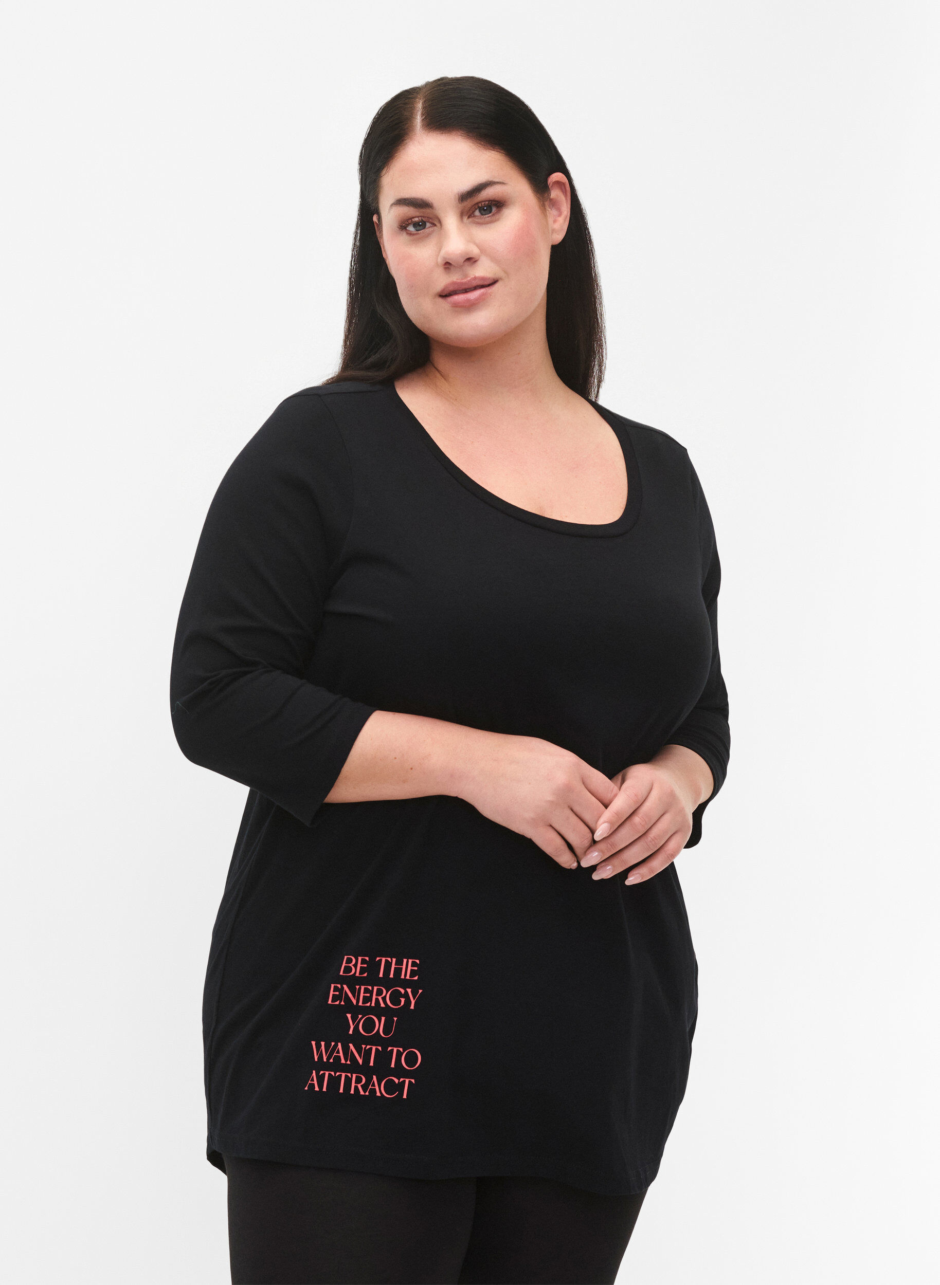 ZizziBaumwoll-T-Shirt mit 3/4 &Auml;rmeln, Black, Model image number 0