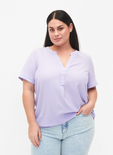 Kurzärmelige Bluse mit V-Ausschnitt, Lavender, Model image number 0