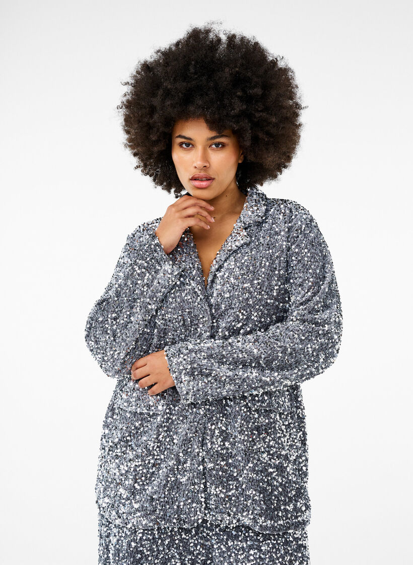 Paillettenblazer mit Taschen, Silver, Model image number 0