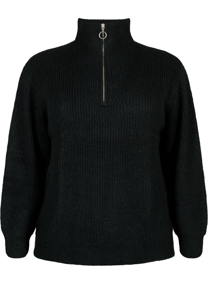 Strickpullover mit hohem Kragen und Rei&szlig;verschluss, Schwarz, Packshot image number 0