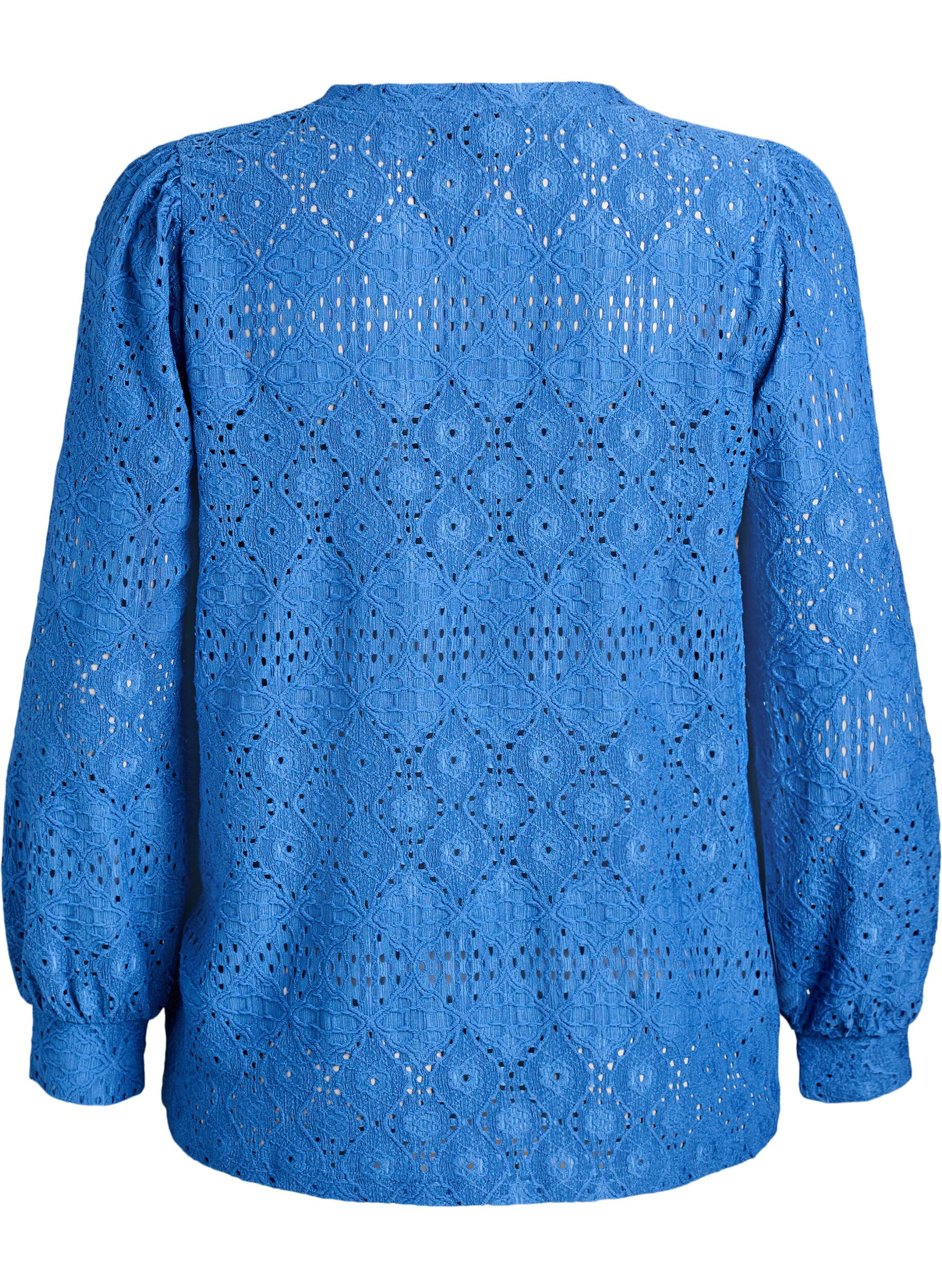 ZizziLang&auml;rmelige Bluse mit Lochstickerei, Blau, Packshot image number 1