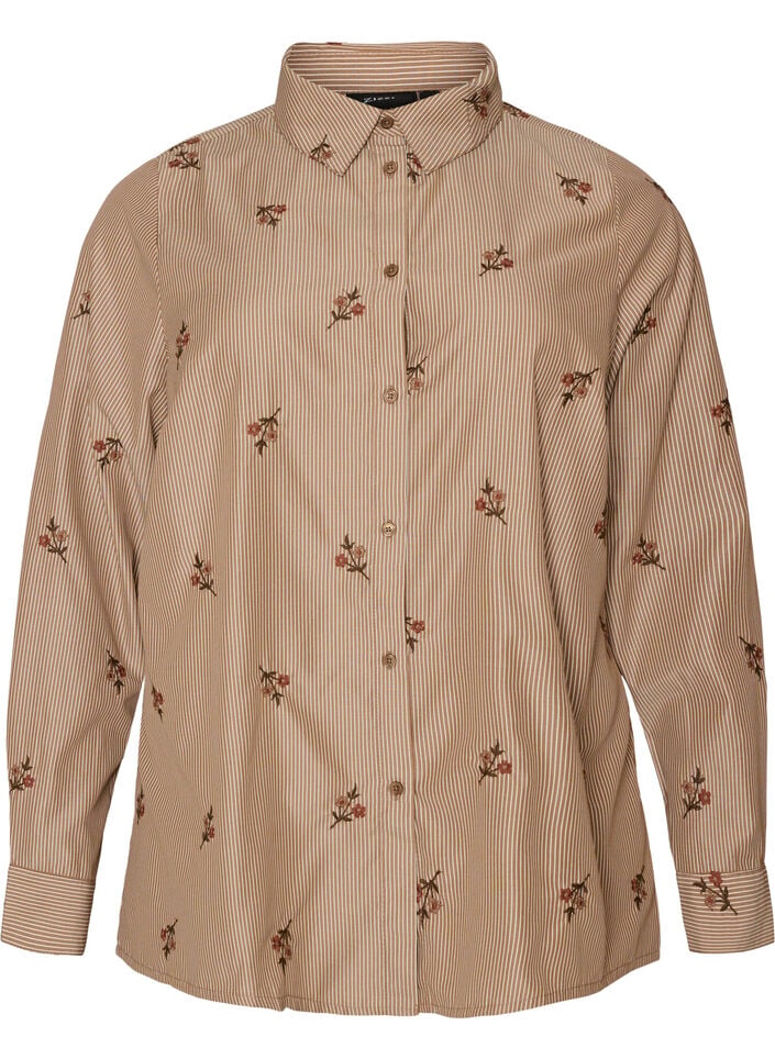Gestreifte Bluse mit bestickten Blumen, Braun, Packshot
