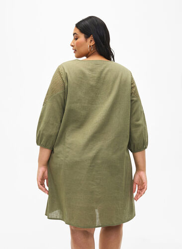 Kleid aus einer Baumwollmischung mit Leinen und Häkeldetails, Deep Lichen Green, Model image number 1