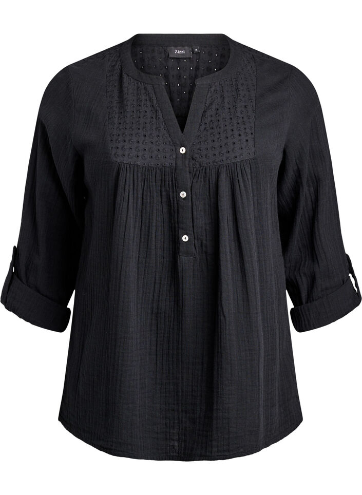 Bluse aus Baumwollmusselin mit Lochstickerei, Schwarz, Packshot image number 0