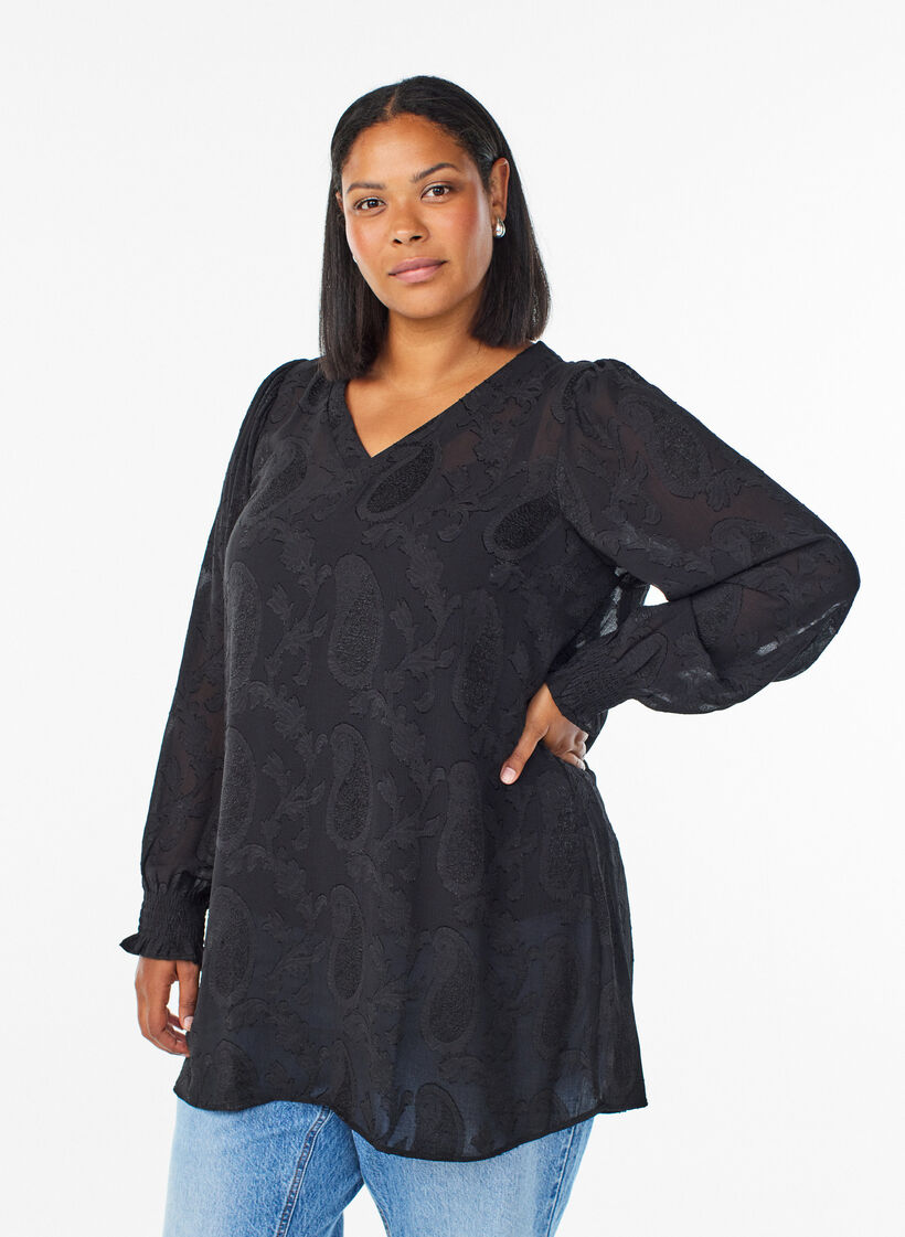 Tunika mit Paisley-Muster und langen Ärmeln, Schwarz, Model image number 0