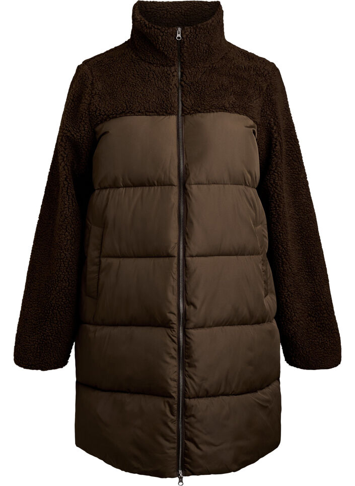 Mittellange Steppjacke mit Teddyfleece, Braun, Packshot image number 0