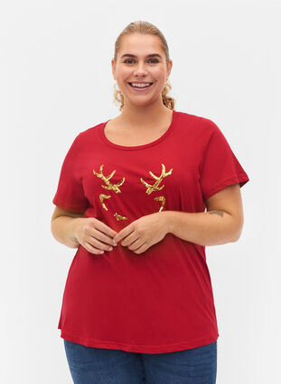Weihnachts-T-Shirt aus Baumwolle, Tango Red Reindeer, Model image number 0