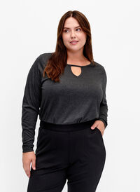 Melange-Bluse mit langen Ärmeln, Black Mel. , Model