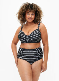 Bikini-Unterteil mit Streifen und hoher Taille, Black White Stripe, Model