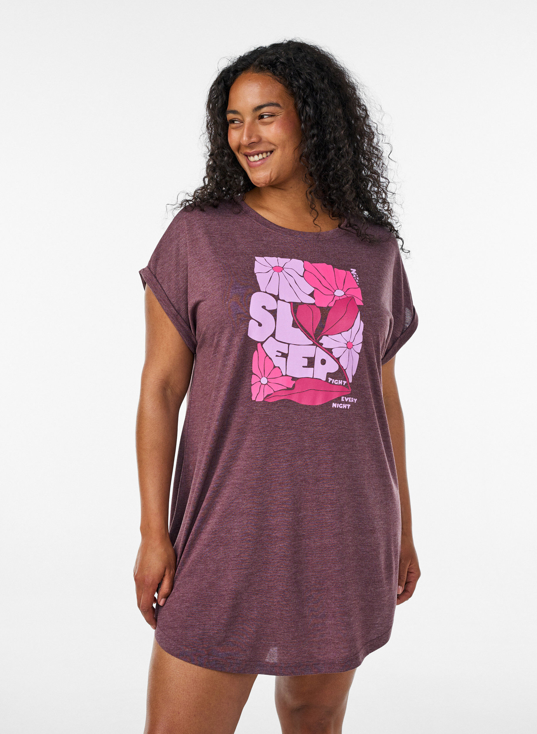 Kurz&auml;rmliges Nachthemd mit Textdruck, Dunkles Bordeaux, Model
