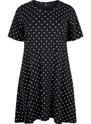Einfarbiges Baumwollkleid mit kurzen Ärmeln, Black w. White Dot, Packshot image number 0