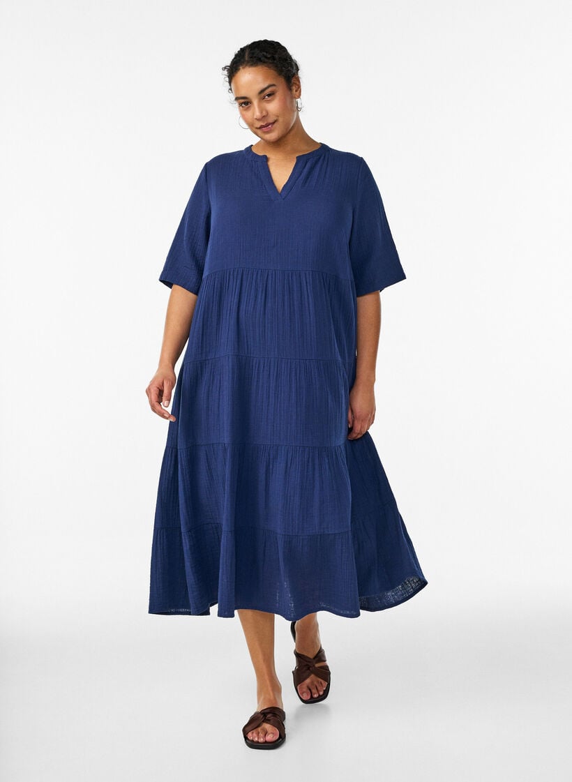 Midikleid in A-Linie aus Baumwoll-Musselin, Blau, Model image number 0