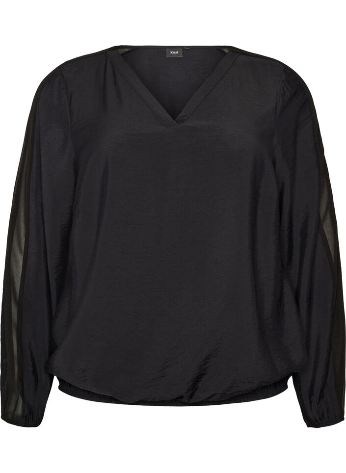 Bluse mit Balloneffekt und Chiffondetails, Schwarz, Packshot image number 0