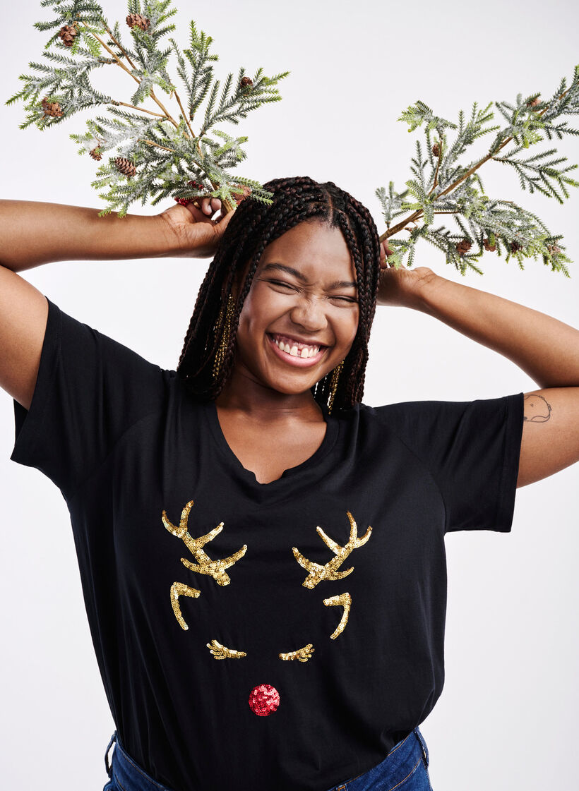 Weihnachts-T-Shirt mit Pailletten, Black W. Reindeer, Image