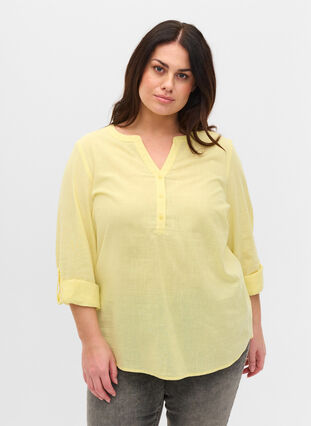 Hemdbluse aus Baumwolle mit V-Ausschnitt, Yellow, Model image number 0