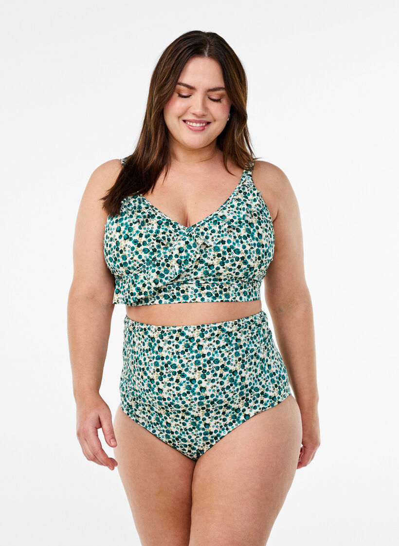 Gebl&uuml;mtes Bikinioberteil mit R&uuml;schendetails, Gr&uuml;n, Model image number 1