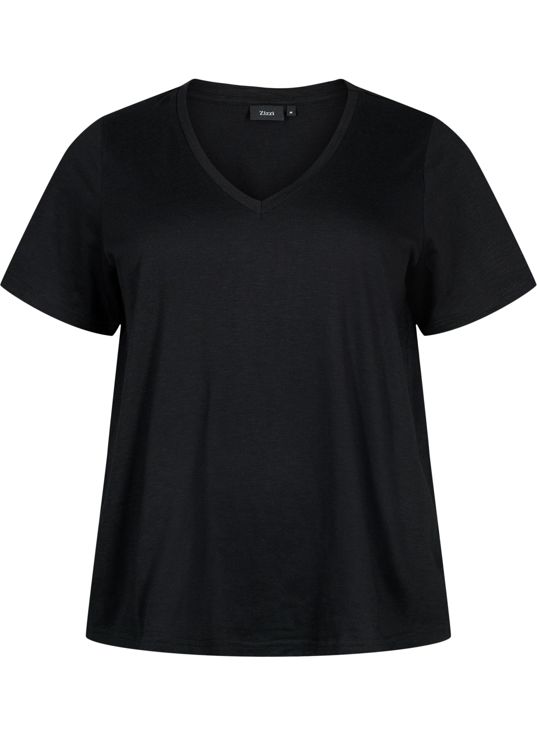 ZizziKurz&auml;rmeliges Basic T-Shirt mit V-Ausschnitt, Schwarz, Packshot image number 0
