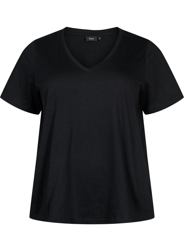 Kurz&auml;rmeliges Basic T-Shirt mit V-Ausschnitt, Schwarz, Packshot image number 0