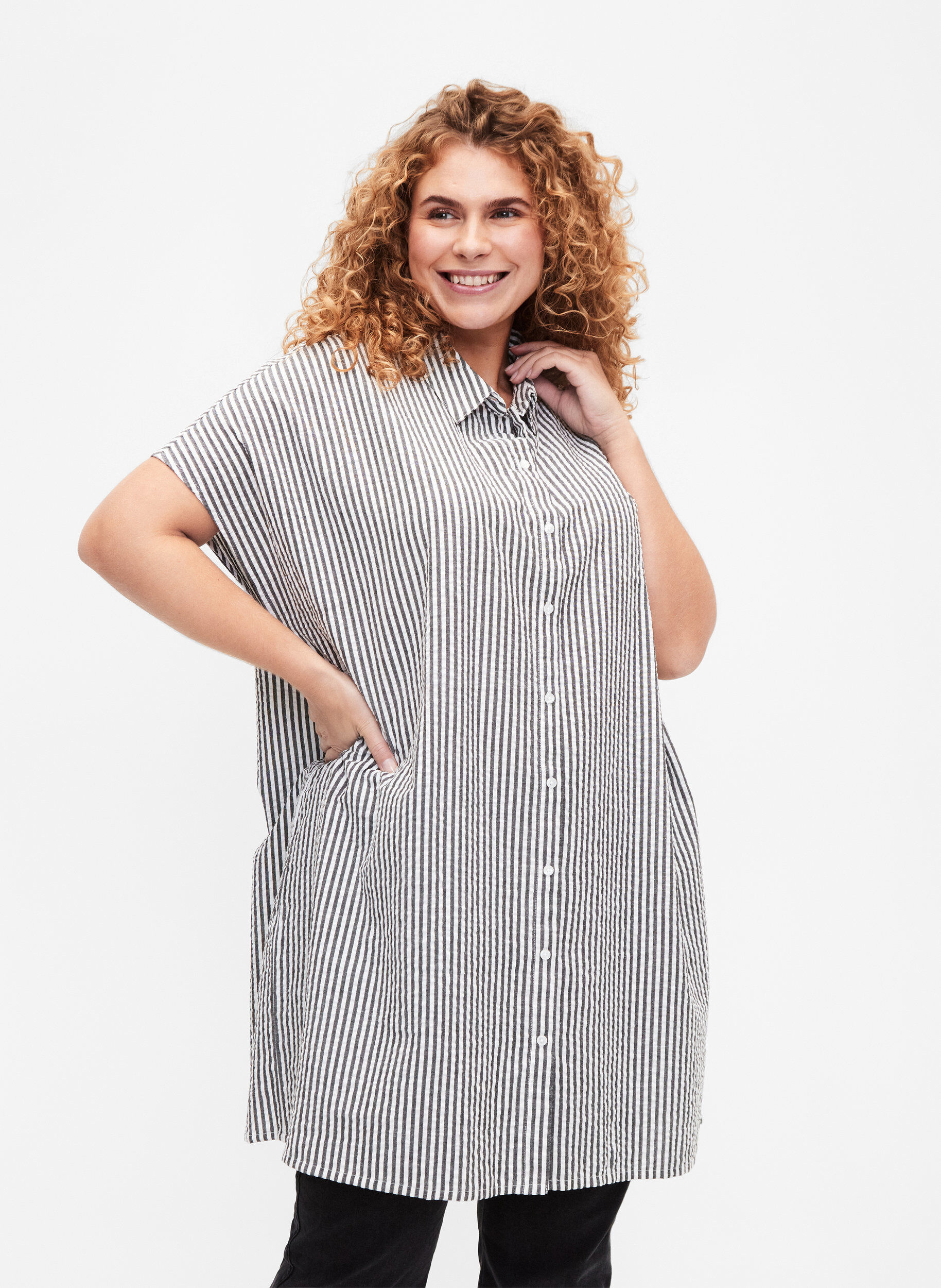 ZizziLanges gestreiftes Baumwollhemd, Black, Model image number 0