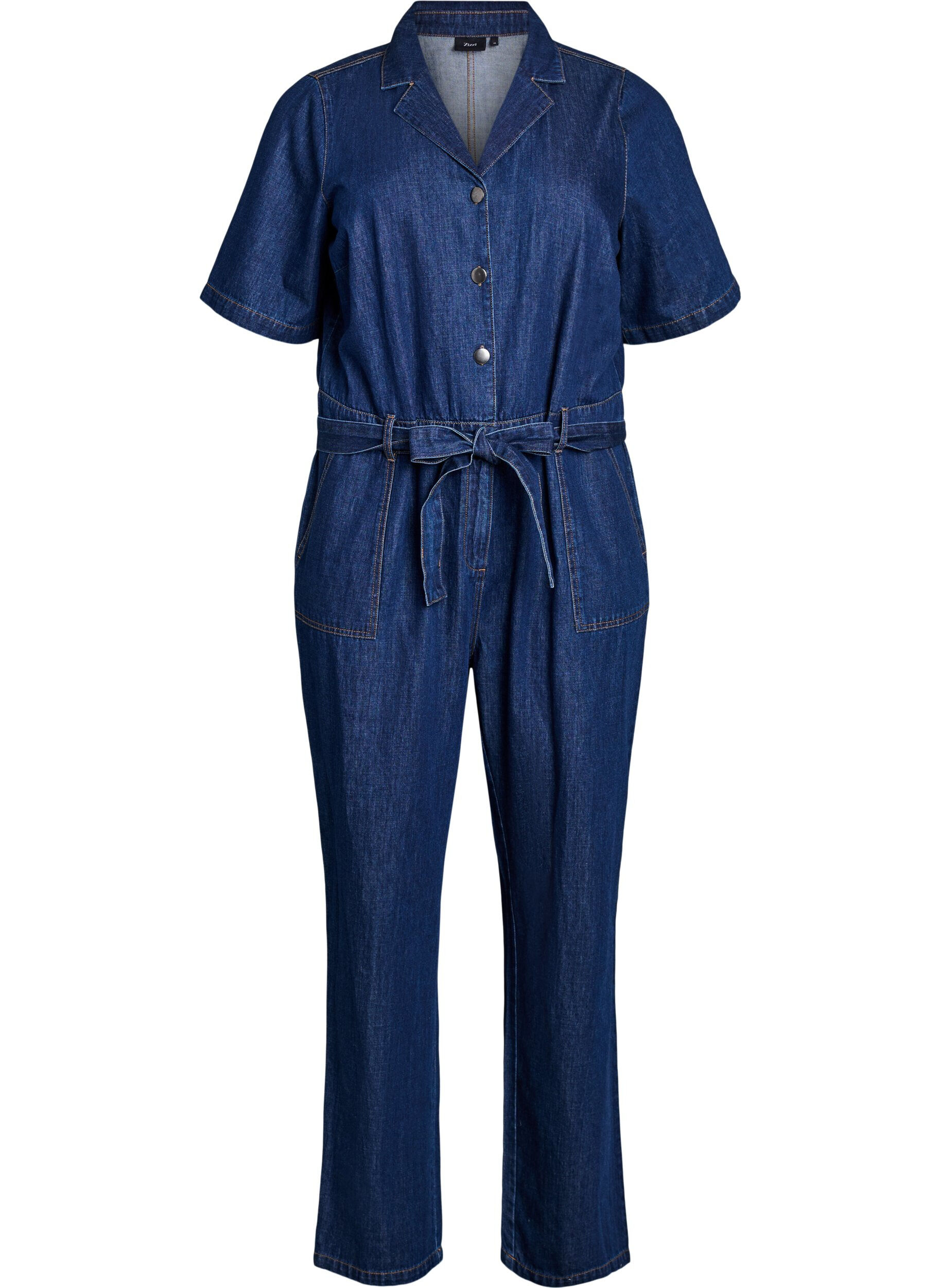 ZizziDenim-Jumpsuit mit kurzen &Auml;rmeln und Bindeg&uuml;rtel, Blau, Packshot image number 0